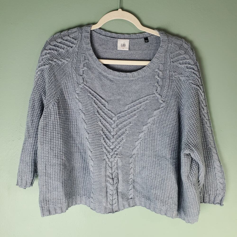 Cabi Womens Blue Short & Sweet Cropped Cable Knit Pullover Sweater Size Small
